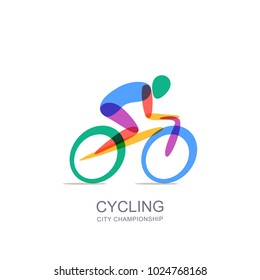 Vector cycling logo, icon, emblem design template. Human silhouette on colorful bike, overlapping isolated illustration. Concept for marathon, race, competition, healthy lifestyle and outdoor sports.