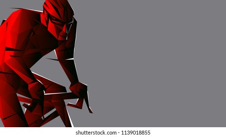 Vector cyclist sportsman riding a road bike from an abstract triangle pattern a red black gradient on a gray background isolate