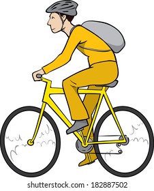 Vector cyclist, young man with helmet and backpack riding bicycle