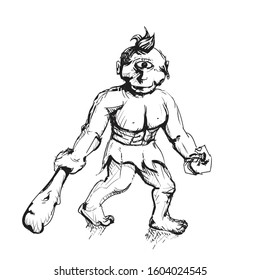 Vector Cyclops, Mythical Troll, Ogre, Prehistoric Neanderthal Character Illustration. Cross hatch, sketchy style.