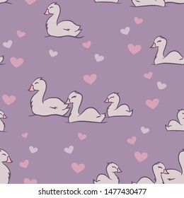 Vector Cygnets Love on Lilac seamless pattern background. Perfect for fabric, wallpaper and scrapbooking projects.