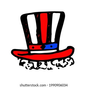 Vector cylinder of red color with white stripes and a blue stripe, with tinsel on the bottom or a hair wig. hand-drawn doodle style insulated high clown hat in red with white stripes, on white backgro