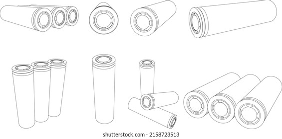 Baterías cilíndricas vectoras de iones de litio de 18650 contorno 3d vistas