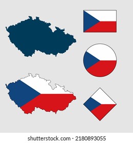 Vector of Czech Republic country outline silhouette with flag set isolated on white background. Collection of Czech Republic flag icons with square, circle, rectangle and map shapes.