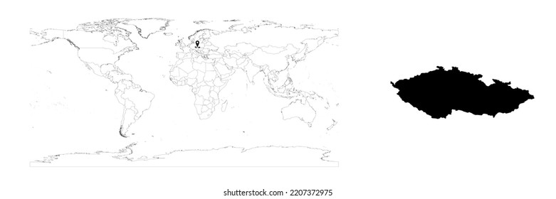 Vector Czechia map showing country location on world map and solid map for Czechia on white background. File is suitable for digital editing and prints of all sizes.