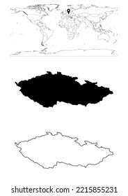 Vector Czechia map, map of Czechia showing country location on world with solid and outline maps for Czechia on white background. File is suitable for digital editing and prints of all sizes.