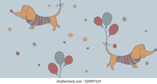 Vector dachshund dog with balloon on the tail seamless pattern. Dachshund dog in sweater. Print for fabric, wrapping paper or wallpaper. Celebration vintage pattern.
Vector dogs pattern.