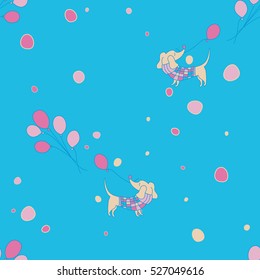 Vector dachshund dog catches a balloon seamless pattern. Print for fabric, wrapping paper or wallpaper. Celebration birthday pattern.
Vector dogs pattern.