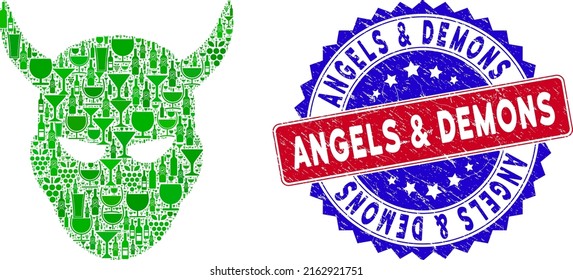 Vector daemon head icon wine mosaic and grunge bicolor Angels and Demons stamp. Red and blue bicolored imprint with grunge surface and Angels and Demons slogan.