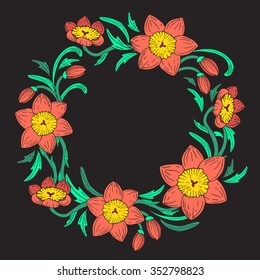 Vector daffodil flowers frame wreaf illustration, victorian style design