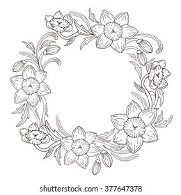Vector daffodil flowers frame wreath illustration, victorian style design