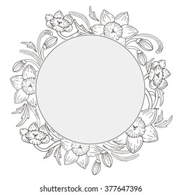 Vector daffodil flowers frame wreath illustration, victorian style design 