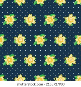 Vector daffodil flowers seamless pattern background. Bright yellow blue mix of narcissus flower heads backdrop. Hand drawn design on polka dot texture. Simple spring floral botanical nature repeat.