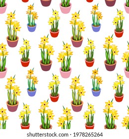Vector - daffodiles pot illustration, seamless pattern, floral template.