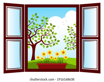 vector daffodils in planter in the window and trees outside the window