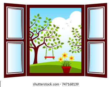 vector daffodils in pot in the window and trees with swing outside the window