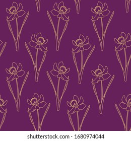 Vector daffodils spring flowers daffodils gold outline contour contour on burgundy background Seamless pattern