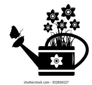 vector daffodils in watering can and butterfly isolated on white background