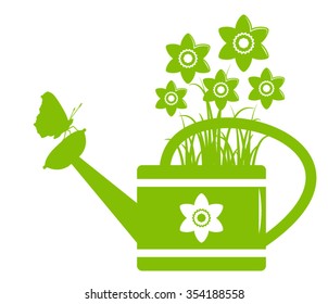 vector daffodils in watering can and butterfly isolated on white background