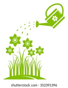 vector daffodils and watering can isolated on white background