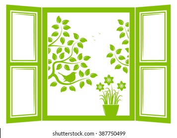 vector daffodils in the window and trees with bird outside the window