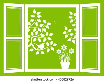 vector daffodils in the window and trees with bird outside the window