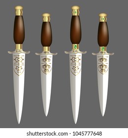 Vector.The dagger in the style of fantasy, Empire, art Nouveau decorated with gold and precious stones of the ancient aristocratic dagger weapon blade attack defense realistic isolated 3D illustration