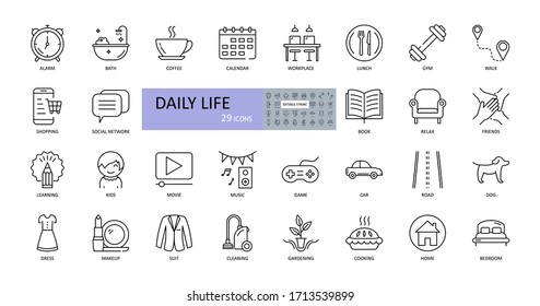 Vector daily life icons. Editable Stroke. Daily routine, home, work, children, entertainment, sports, food and cooking, car, road, pets, shopping, clothes, cleaning, gardening, reading