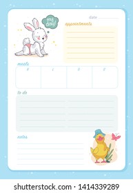Vector daily planner page design template, calendar for children. Cute hand drawn little bunny and duck characters. To do list flat lay, pastel colors, hand drawn style. Time management equipment.
