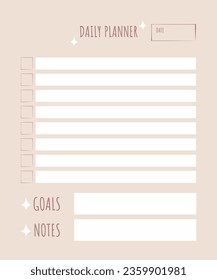 Vector daily planner in pink color. Organizer page for the day, fields for text, to-do list, notes, goals. Template for notepad, diary, organizer, eps 10, in flat style.