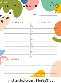 Plantilla de planificador vectorial diario con formas y doodles orgánicos dibujados a mano de forma abstracta.Organizador y planificador con lugar para notas, objetivos y listas.Estilo infantil de moda.Resumen de diseño moderno.