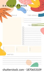 Vector daily planner template with abstract hand drawn organic shapes and doodles.Organizer and schedule with place for goals,to do list,notes.Trendy cartoon style.Abstract modern design.