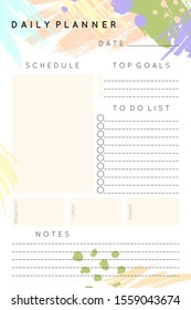 Vector daily planner template with hand drawn shapes and textures in pastel colors.Organizer and schedule with place for notes and to do list.Trendy minimalistic style.Abstract modern design.