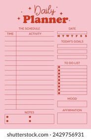  Vector daily planner template with schedule, to do list, notebook page, pink background