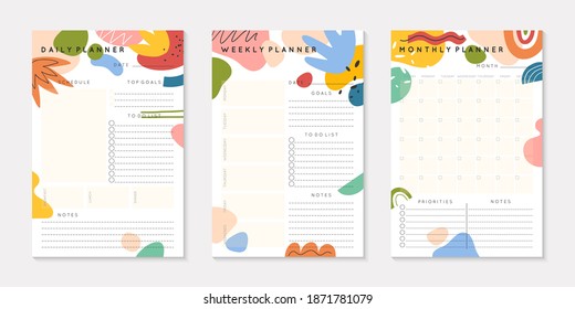Vector daily,weekly,monthly planners templates with abstract organic shapes and doodles.Organizer and schedule with place for notes; goals and to do list.Trendy cartoon style.Abstract modern design.