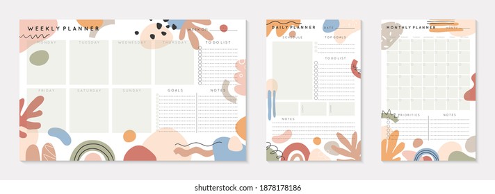 Vector daily,weekly,monthly planners templates with abstract organic shapes and doodles in neutral earthy tones.Organizer and schedule with place for notes; goals and to do list.Abstract modern design