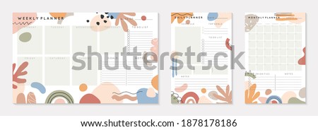 Vector daily,weekly,monthly planners templates with abstract organic shapes and doodles in neutral earthy tones.Organizer and schedule with place for notes; goals and to do list.Abstract modern design