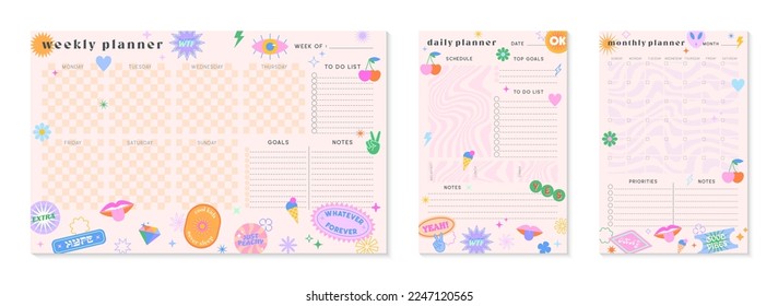 Vector daily,weekly,monthly planners templates with y2k patches,icons and emblems.Organizer and schedule with place for notes; goals and to do list.Trendy layouts in 90s groovy aesthetic.