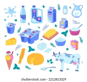 Vector dairy elements set in flat primitive style illustration. Cheese, yogurt, ice cream, milk, cow and bottles and packages isolated on white background
