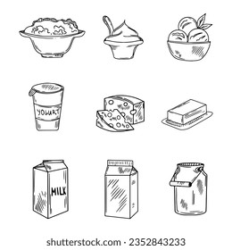 Producto lácteo vectorial. Sketchyogurt, leche, queso y mantequilla de cabaña, nata agria, camembert y crema batida. Ilustración vectorial.	
