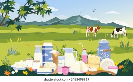 Vector dairy products horizontal banner with nature landscape. Summer rural landscape with set of milk products from farm and herd cows. Design elements for infographics, websites and print media