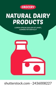 Plantilla de icono de productos lácteos vectoriales. Botella de leche e ilustración de etiqueta de queso. Diseño plano de póster de comida saludable. Promoción de alimentos de la tienda de comestibles, anuncio, banner, paquete, fondo