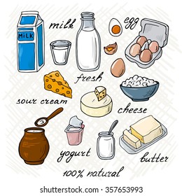 Vector dairy products: milk, cheese, butter, yogurt, cheese, sour cream, eggs. Healthy food set. Breakfast. Hand drawn illustration.