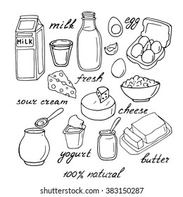 Vector dairy products: milk, cheese, butter, yogurt, cheese, sour cream, eggs. Healthy food set. Breakfast. Hand drawn illustration.