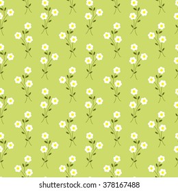 Vector Daisies Field Seamless Pattern. Cute White Flowers with Leaves and Stems on a Green Background. Ready Swatch Included in File