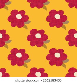 Vector daisies and leaves textured seamless pattern design.