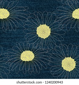 Vector Daisies seamless pattern. Denim floral wallpaper. Blue Jeans background with flowers.