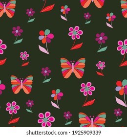Vector daisy and butterfly seamless pattern background. Perfect for fabric, scrapbooking, wrapping paper, wallpaper and other design projects. 