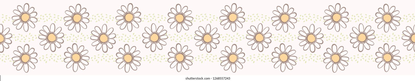 Vector daisy chamomile flowers. Hand drawn seamless vector border. Spring and summer floral banner ribbon in simple white, yellow flat color.