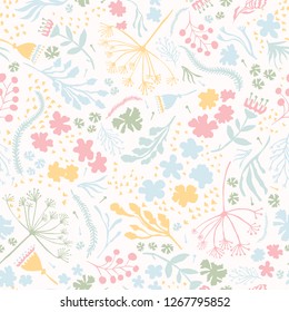 Vector daisy flower meadow. Hand drawn seamless vector pattern. Spring, easter and summer floral all over print in delicate pastel flat color.